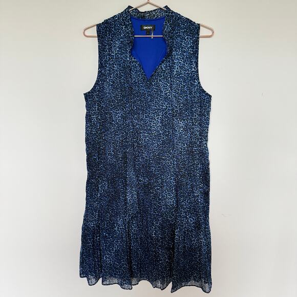 DKNY Womens Dress 12 Blue Pleated Animal Print Tie Neck Mini Office Modest - Picture 2 of 9